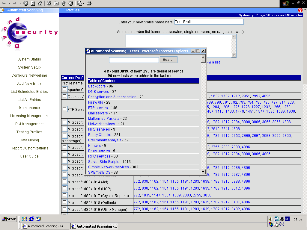 Beyond Security Automated Scanning web interface showing the test profile editor and a table of content listing 3019 tests by category.