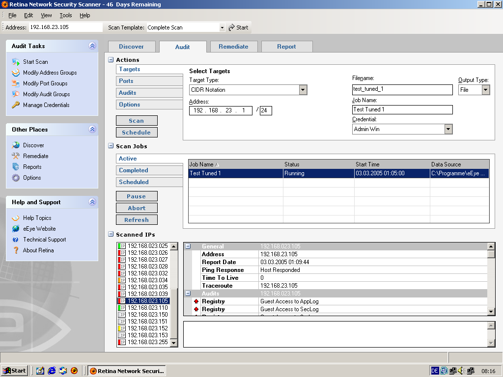 eEye Retina Network Security Scanner interface showing a completed audit of the test network.