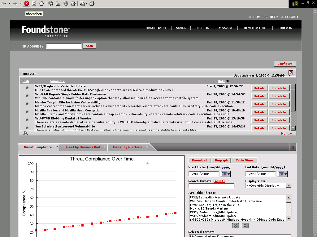 Foundstone FS 1000 management console showing discovered vulnerabilities sorted by risk level.