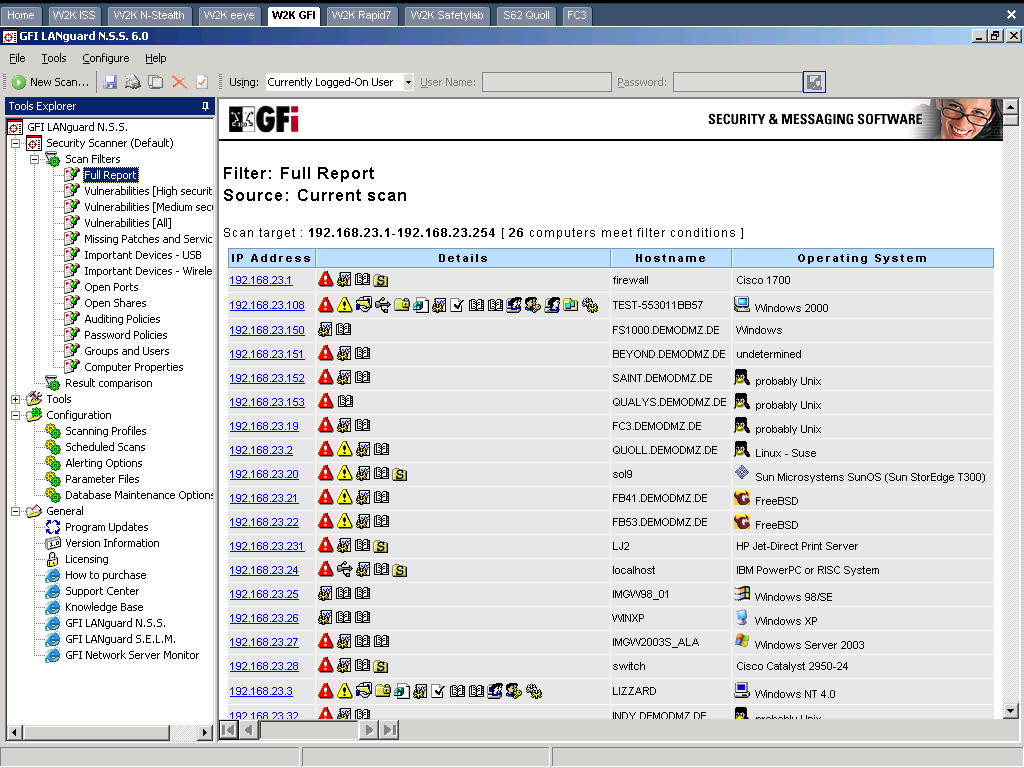 GFI LANguard Network Security Scanner interface showing scan results and the integrated script editor.