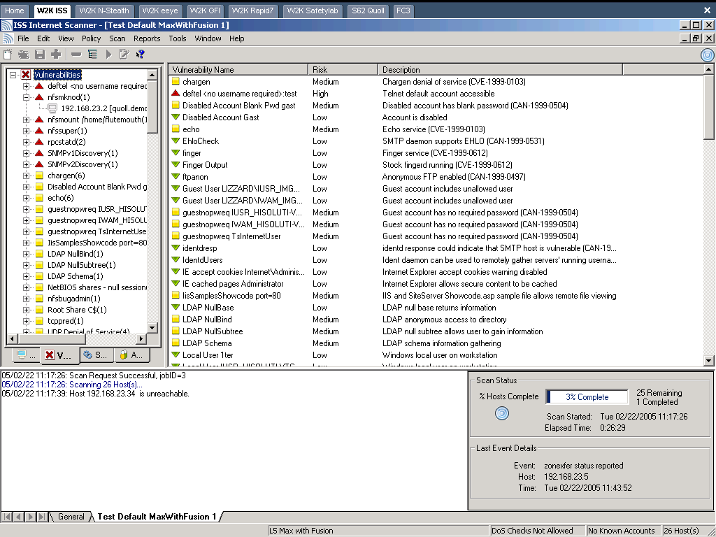 ISS Internet Scanner Windows interface with the policy editor open.
