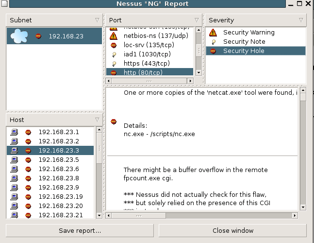 Nessus scan results window listing findings grouped by host and severity.