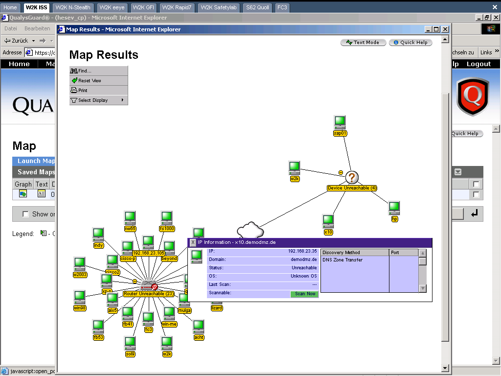 Qualys Guard web portal dashboard showing scan history and network map.