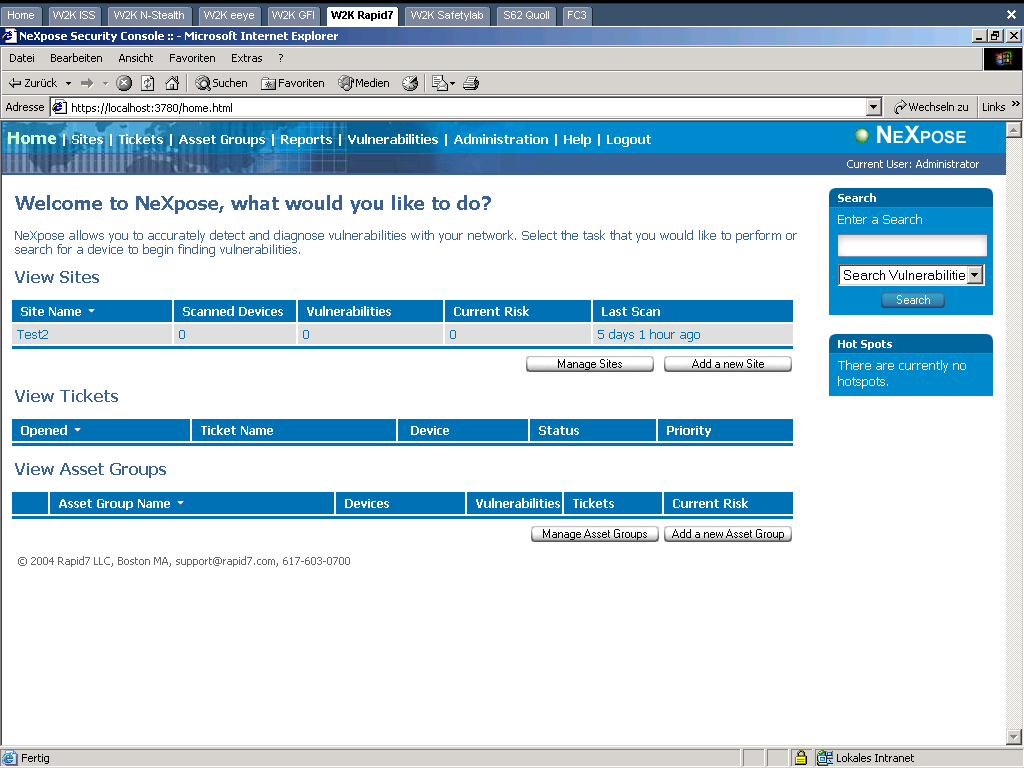 Rapid7 NeXpose HTTPS console showing site configuration and scan status.