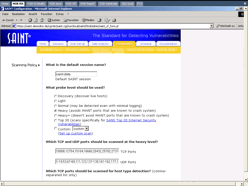 SAINT Saintbox web interface showing scan configuration and the trust report.